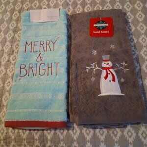 Lot of 2 Lauren Conrad and December Home Holiday Bath Hand Towels blue gray NWT